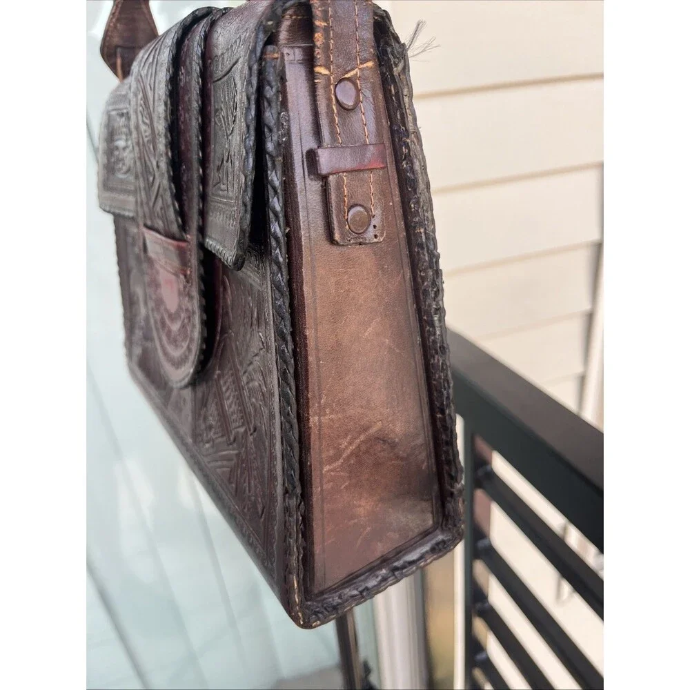 Vintage Mexican Aztec Mayan Tooled Brown Leather Handbag Purse Boho Hippie Vibe